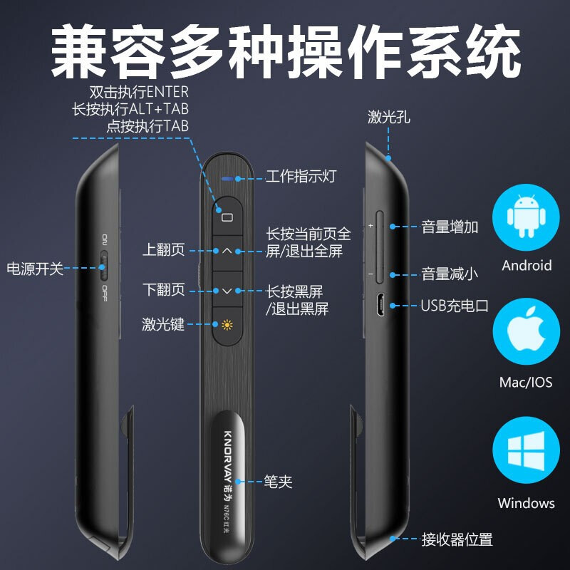 诺为N76智能充电激光笔 PPT翻页笔 100米遥控无线演示器 多媒体音量控制遥控笔 N76黑色可充锂电